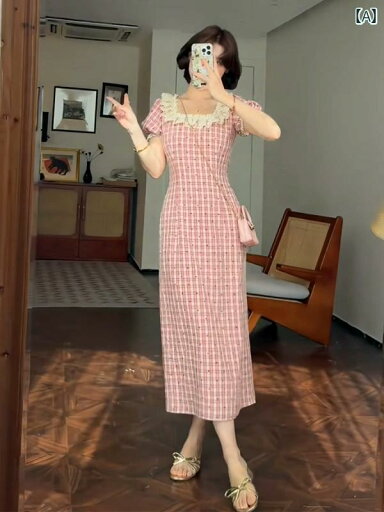 レディース ファッション ワンピース ティアード リボン フランスの レトロ レースエッジ ドットの チェック 柄 ドレス 女性 2025夏の ウエスト 痩せ ロング レディース ファッション ワンピース ティアード リボン フランスの レトロ レースエッジ ドットの チェック 柄 ドレス 女性 2025夏の ウエスト 痩せ ロング