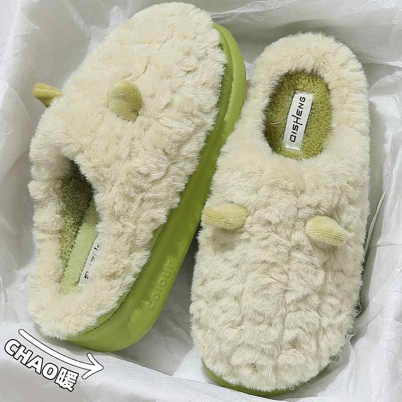 ルームスリッパ 暖かい 厚底 ふんわり 保温 シンプル メンズ レディース 秋冬 綿 スエード グリーン ホ..