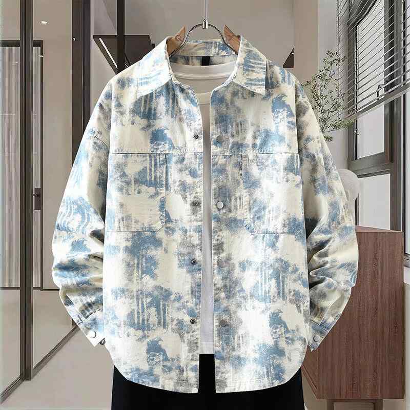 デニムジャケット シャツ ワイドシルエット ワークウェア カジュアル トップス 春秋冬 長袖 メンズ タイ ダイ アメリカン レトロ(4)