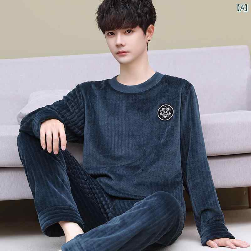メンズ パジャマ カジュアル ファッション 安眠アーティファクト 秋冬 大きいサイズ 厚手 コーラルベルベット フランネル ホームウェア グレー ブルー