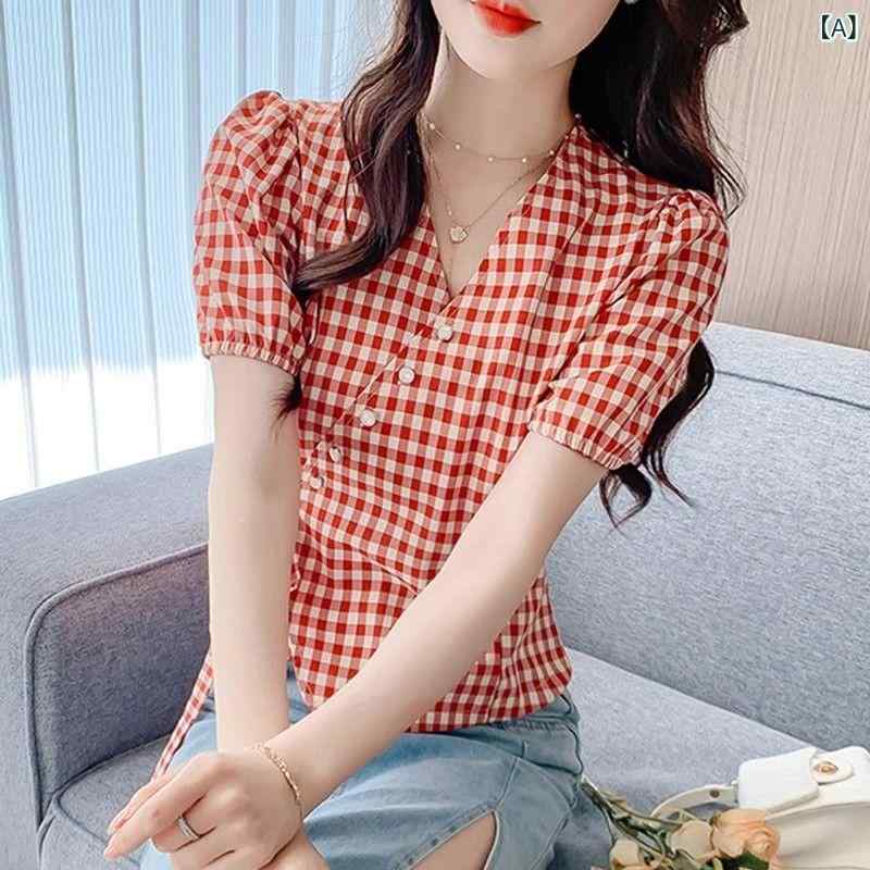 ティアード チュニック ブラウス ぽわん袖 レディース 2025 夏の 新の レディース Tシャツ チェック 柄 半袖 Vネック レイヤリング シャツ ショート フレンチ シャツ