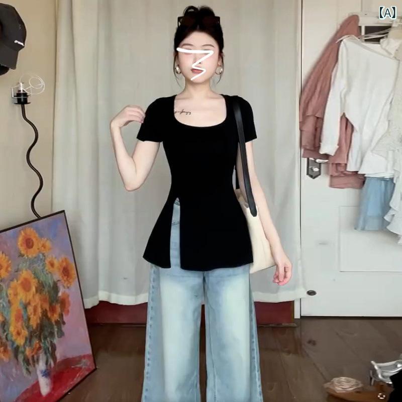 ティアード チュニック ブラウス ぽわん袖 レディース 2025 黒 半袖 スリット Tシャツ レディース 夏 2025 スリム 見栄えの 良い トップ シャツx2