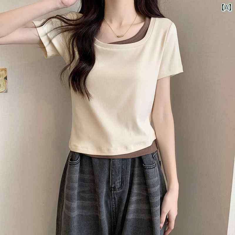 ティアード チュニック ブラウス ぽわん袖 レディース 襟の 後ろに 短い t シャツを 包んでいます。 夏の 新型 感が。