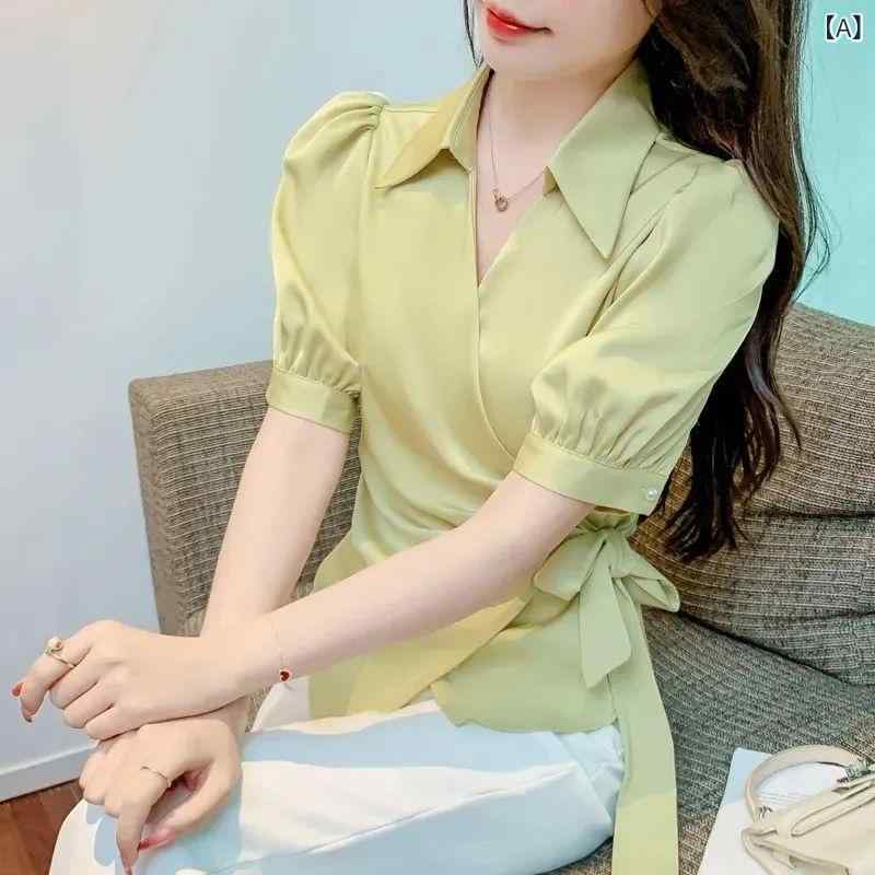 ティアード チュニック ブラウス ぽわん袖 レディース 女性用 フレンチ ハイエンド シック シフォンシャツ 夏の イレギュラー ウエスト ストラップ シャツ エレガントな 半袖 トップス