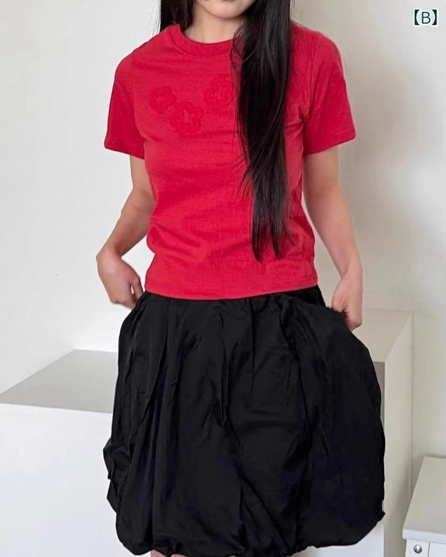 ティアード チュニック ブラウス ぽわん袖 レディース ファッション 立体 花 半袖 t シャツ 女性 2024 夏 高級 感 短い しわ 修身 上着