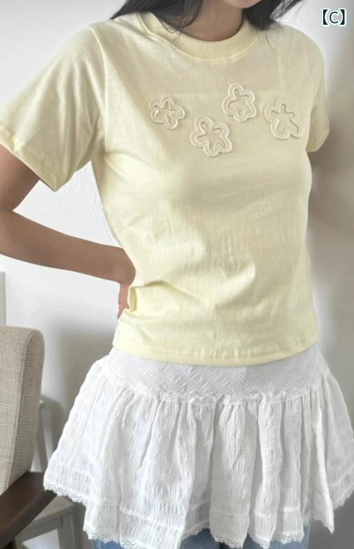 ティアード チュニック ブラウス ぽわん袖 レディース ファッション 立体 花 半袖 t シャツ 女性 2024 夏 高級 感 短い しわ 修身 上着