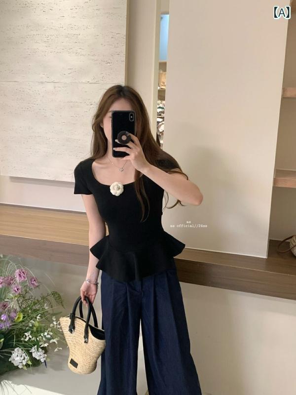 ティアード チュニック ブラウス ぽわん袖 レディース 夏のの 淑女の フランス 式の 立体の 花の 方の 襟の ニットの 服は 腰を 収めて やせています。