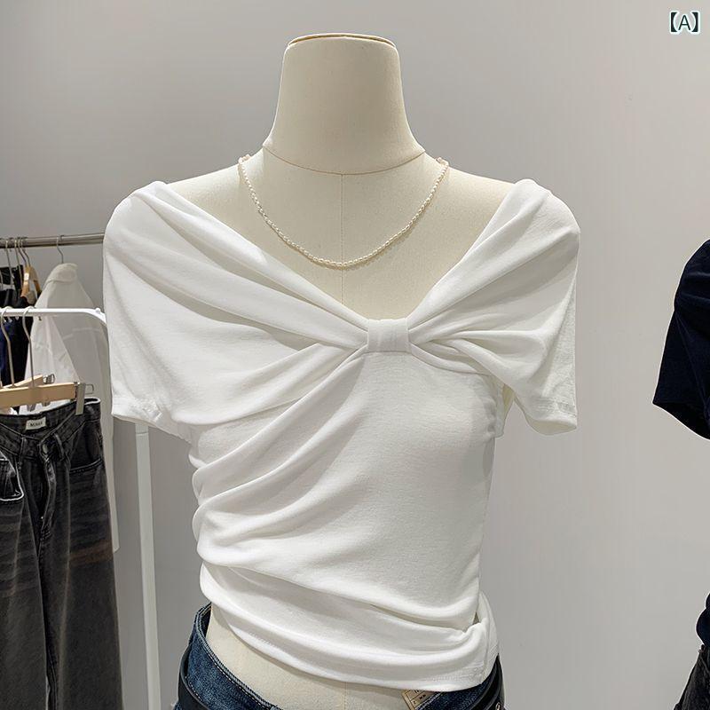 ティアード チュニック ブラウス ぽわん袖 レディース フランス 式の ユニークな 蝶 結びの 感が 優しい 綿 半袖 t シャツ 女性 夏の 新型 カー ウエスト シャツ