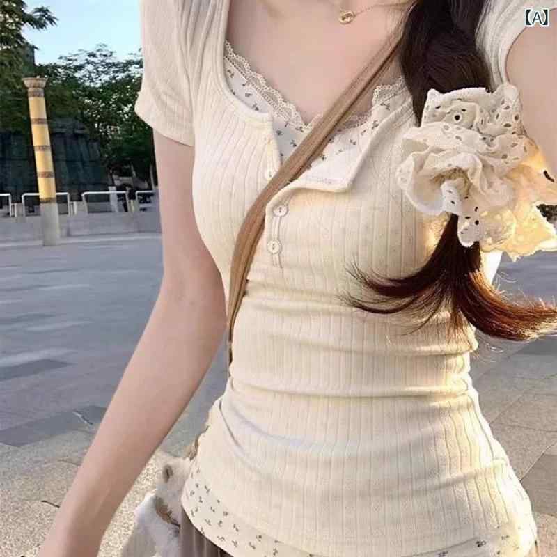 ティアード チュニック ブラウス ぽわん袖 レディース レース ステッチ 花柄 ツーピース 半袖 シャツ ..