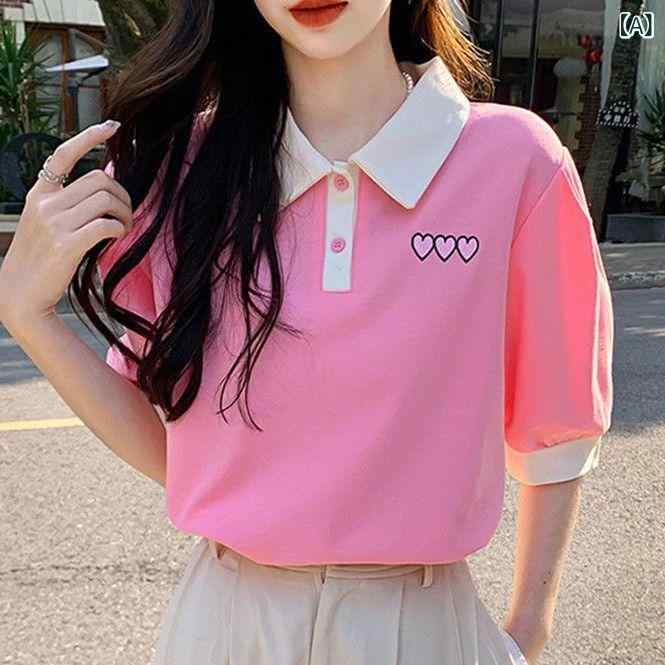 ティアード チュニック ブラウス ぽわん袖 レディース 夏の ファッション polo 襟 愛 刺繍 半袖 t シャツ レディース 洋風が 独特で 甘くて 着 痩せ している 上着