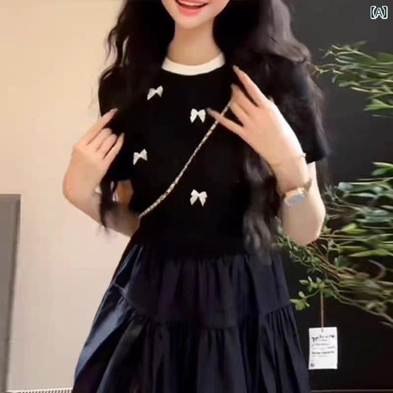 ティアード チュニック ブラウス ぽわん袖 レディース フランス 式の エレガントの 風の 蝶 結びの 半袖の t シャツ 女性 2025 夏の 新型の ファッションの 百合の ニットの 上着のの 女性