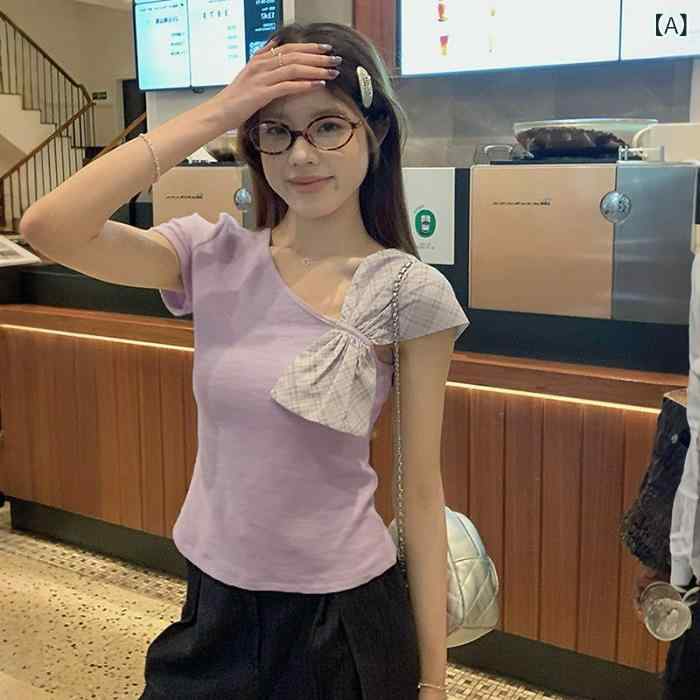 ティアード チュニック ブラウス ぽわん袖 レディース 【 テクスチャー ド コットン 生地】 リボン オフショルダー 半袖 Tシャツ レディース 夏 ショート スリム アメリカン トップ イン