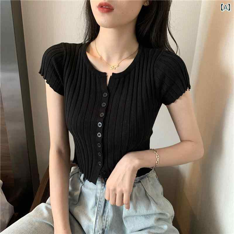 ティアード チュニック ブラウス ぽわん袖 レディース 夏 2025 新型 韓国高 腰 露出 臍短 金 修身 上着 百合 基礎 半袖 ニットカーディガン 女装