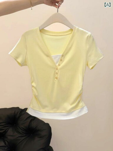 ティアード チュニック ブラウス ぽわん袖 レディース ボタン フェイク ツーピース 半袖 Tシャツ レディース サマー シャツ スリム シックで 美しい ショート スリム トップ イン ティアード チュニック ブラウス ぽわん袖 レディース ボタン フェイク ツーピース 半袖 Tシャツ レディース サマー シャツ スリム シックで 美しい ショート スリム トップ イン