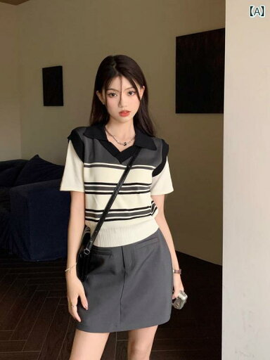 ティアード チュニック ブラウス ぽわん袖 レディース フェイクの 半袖 v ネック ニット t シャツ レディース 夏の 感 レトロ ストライプの 短い polo 襟の 上着 ティアード チュニック ブラウス ぽわん袖 レディース フェイクの 半袖 v ネック ニット t シャツ レディース 夏の 感 レトロ ストライプの 短い polo 襟の 上着