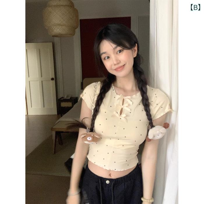 ティアード チュニック ブラウス ぽわん袖 レディース Kumikumi 波 点 蝶 ネクタイ 感 半袖 t シャツ 女装 夏の 短い ユニークな 上着