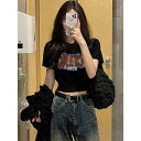 Tシャツ カットソー レディース 半袖 トップス アメカジ レトロ ショート丈 クロップド丈 ウエストシェイプ くびれ 甘辛MIX ヘルシー セクシー タイト コンパクト 夏 黒 ブラック
