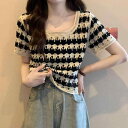 レディース トップス Tシャツ カットソー ニットソー 半袖 ストライプ ボーダー スクエアネック 透かし編み シースルー ショート丈 短め 小柄 低身長 夏 サマー フレンチ