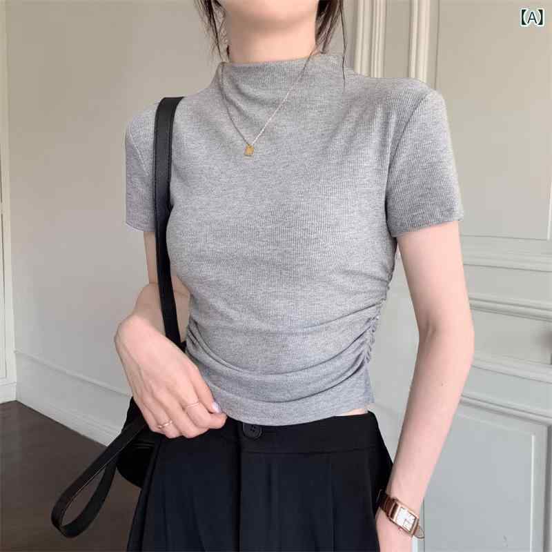 ティアード チュニック ブラウス ぽわん袖 レディース 半高 襟 半袖 t シャツ 女性 夏 2024年の 新型 シャツには 短い 学生の しわの 上着が ついている