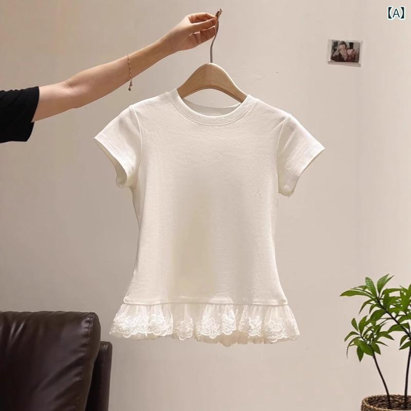 ティアード チュニック ブラウス ぽわん袖 レディース り レースは バレエ 風の 白い レースの 半袖の レディース t シャツ 上着を つづり 合わせます。
