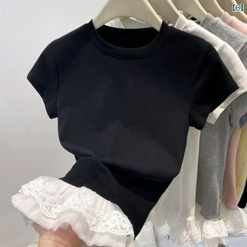 ティアード チュニック ブラウス ぽわん袖 レディース り レースは バレエ 風の 白い レースの 半袖の レディース t シャツ 上着を つづり 合わせます。