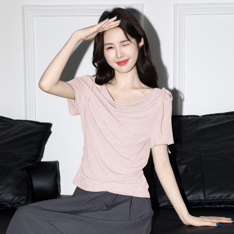 Tシャツ レディース 半袖 夏 リボンタイ 編み上げ レースアップ ドレープネック カウルネック ショート..