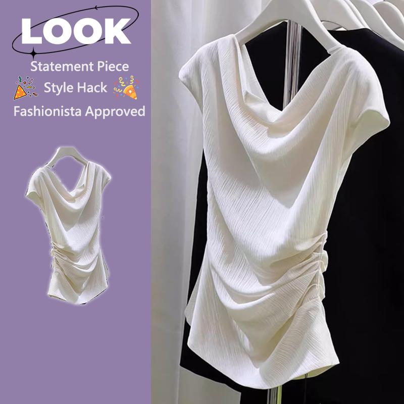 レディース トップス Tシャツ カットソー 半袖 ドレープネック カウルネック シャーリング ギャザー ウ..