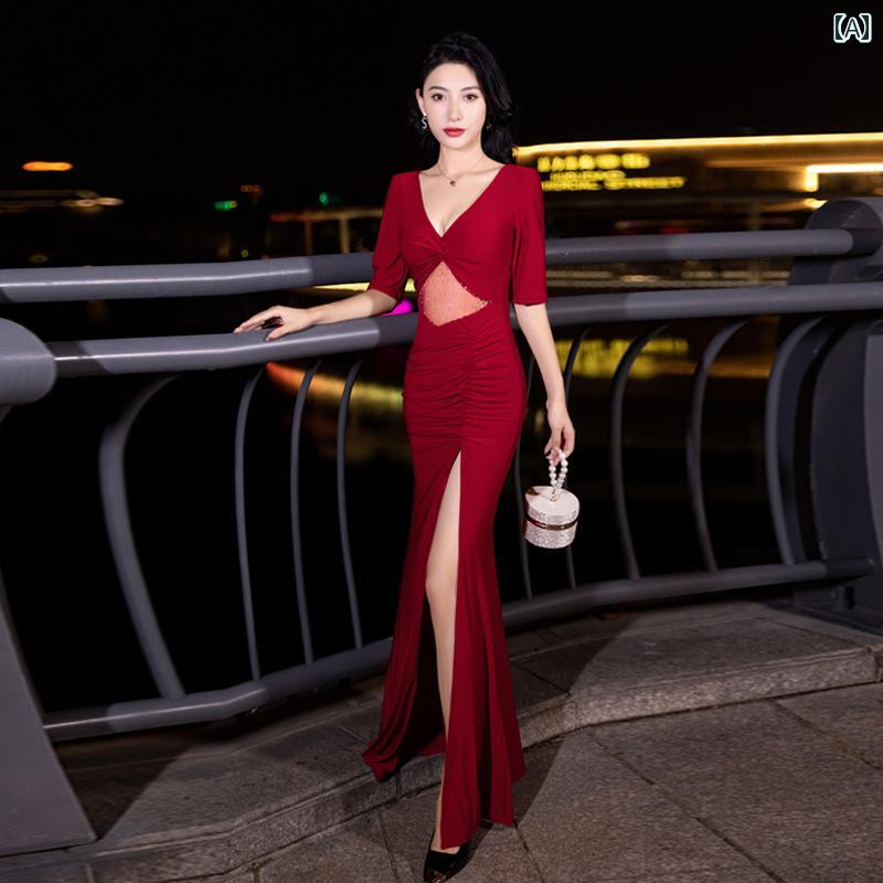 無地 ワンピース きれいめ 女性 セクシー イブニングドレス パーティー スリット ミッド スリーブ フィッシュ テール 七分袖 ボルドー 黒