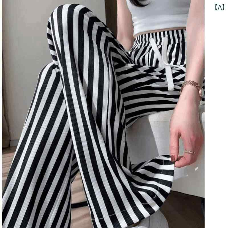 レディース パンツ イージーパンツ 黒と 白の 縦縞 ワイド レッグ パンツ レディース 夏の カジュアル スタイル スリム ファッション ハイウエスト パンツその他(4)
