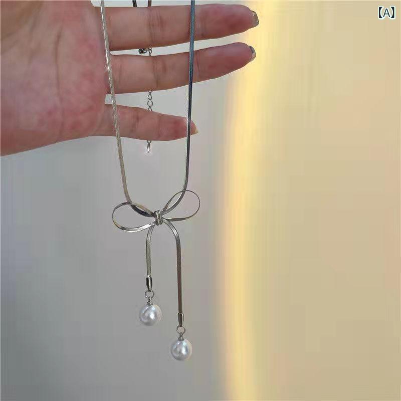 Necklaces, Braclets - レイヤード ネックレス 重ね付け おしゃれ レイヤード ネックレス 重ね付け おしゃれ クール ~ パールの 蝶 結びの 鎖の 風の 新型の ファッションは 百合の 軽い な 優しさの 小さい 大衆の 設計の ネックレスの 女性を 配合 します。