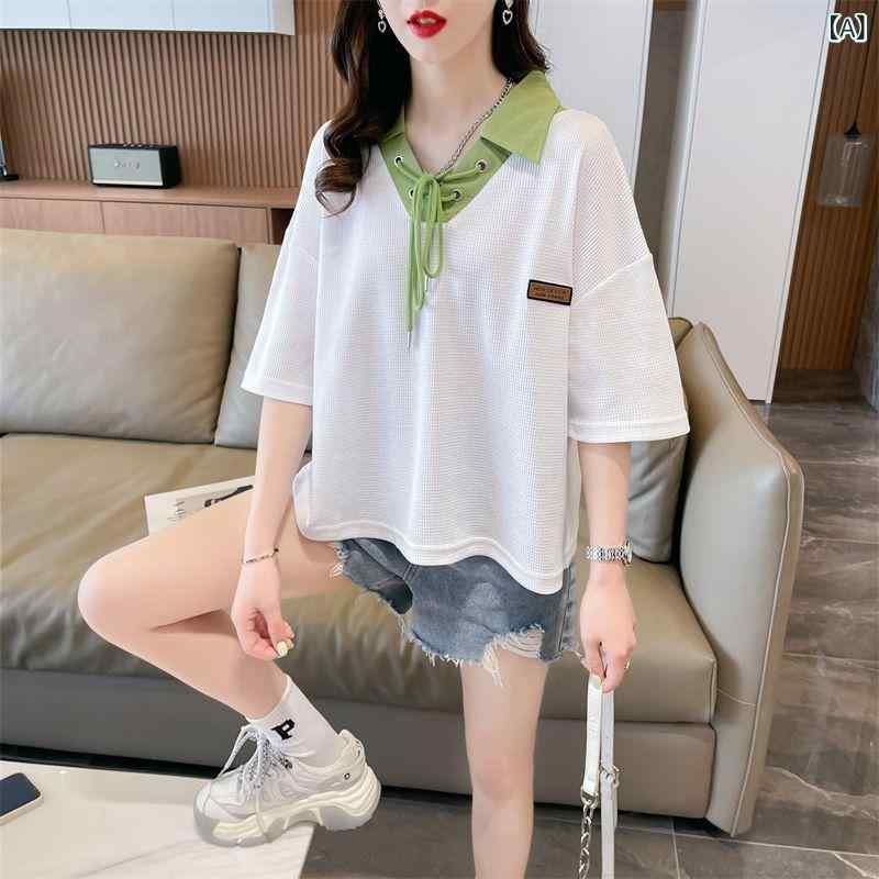 ブラウス レディース 半袖 ワッフル生地 Polo 襟 ワッフル 半袖 t シャツ 女性 夏 2025 新型 ゆるい 韓..