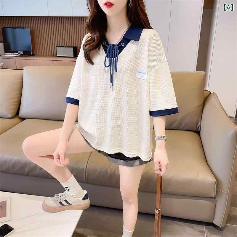 ブラウス レディース 半袖 ワッフル生地 Polo 襟 ワッフル 半袖 t シャツ 女性 夏 2025 新型 ゆるい 韓..