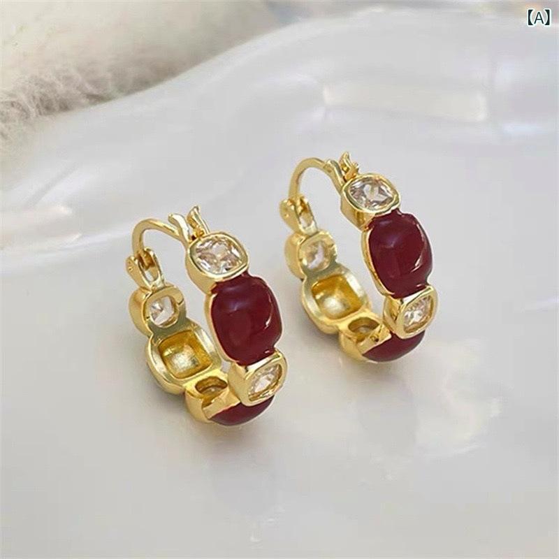 イヤリング フープ レトロ ライト 高級 オイル ドリップ レッド シンプル 小さい イヤリングな ハイエ..