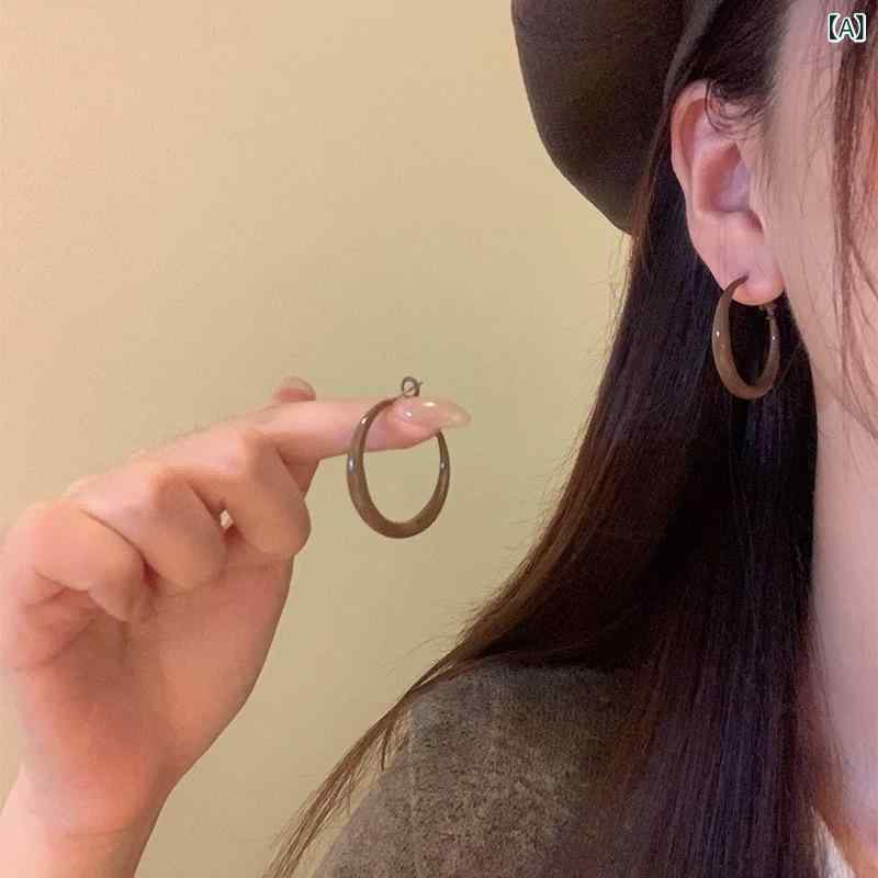 イヤリング フープ 復古 風 美 ラード 素 輪 滴 油 イヤリング 女性 ファッション シンプル 耳 輪 素 ..