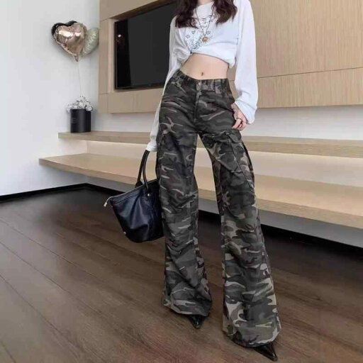 レディース ワイドパンツ ひんやり 実写 迷彩 工 装 カジュアル パンツ 女性 秋 アメリカ高 街の クールな ギャル 風の高 腰が ゆったりしています。x2 レディース ワイドパンツ ひんやり 実写 迷彩 工 装 カジュアル パンツ 女性 秋 アメリカ高 街の クールな ギャル 風の高 腰が ゆったりしています。x2
