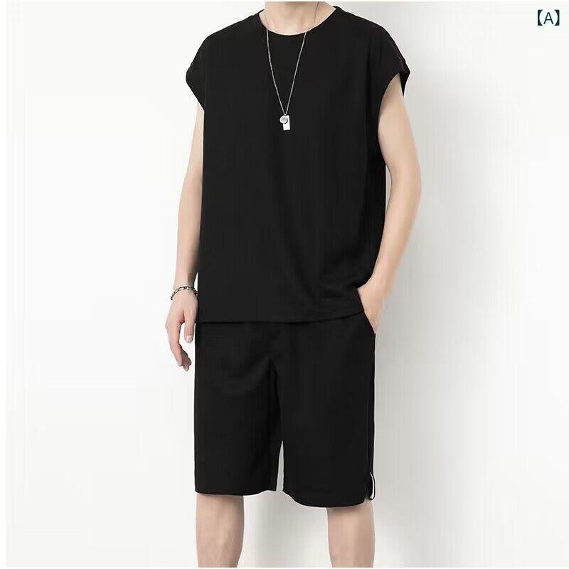 ブラウス レディース 半袖 ワッフル生地 メンズ 夏の ノースリーブ t シャツ カジュアル 肩の ベストの 半 ズボンの ワッフルの スーツ 薄手 タイプの 氷の スポーツの 2つの セット