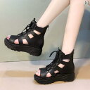 レディース ストラップサンダル フィッシュ マウス シューズ 春夏 ウェッジ ヒール 厚底 スリム サンダル レースアップ オープントゥ プラット フォーム ソール ローマン サンダル 女性用