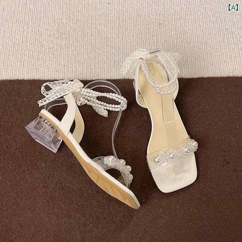 レディース ストラップサンダル フェアリー スタイル スクエアトゥ 厚底 サンダル レディース 2025 夏の 新 透明 パールラインストーン 蝶 ネクタイ ハイヒール