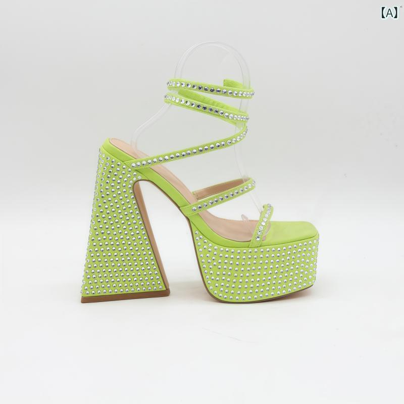 レディース ストラップサンダル 2025 厚底 ハイヒール 防水の ある 靴 底 ハイヒール グリーン ラインストーン ヘビ 状 巻き 太い ヒールサンダル 女...