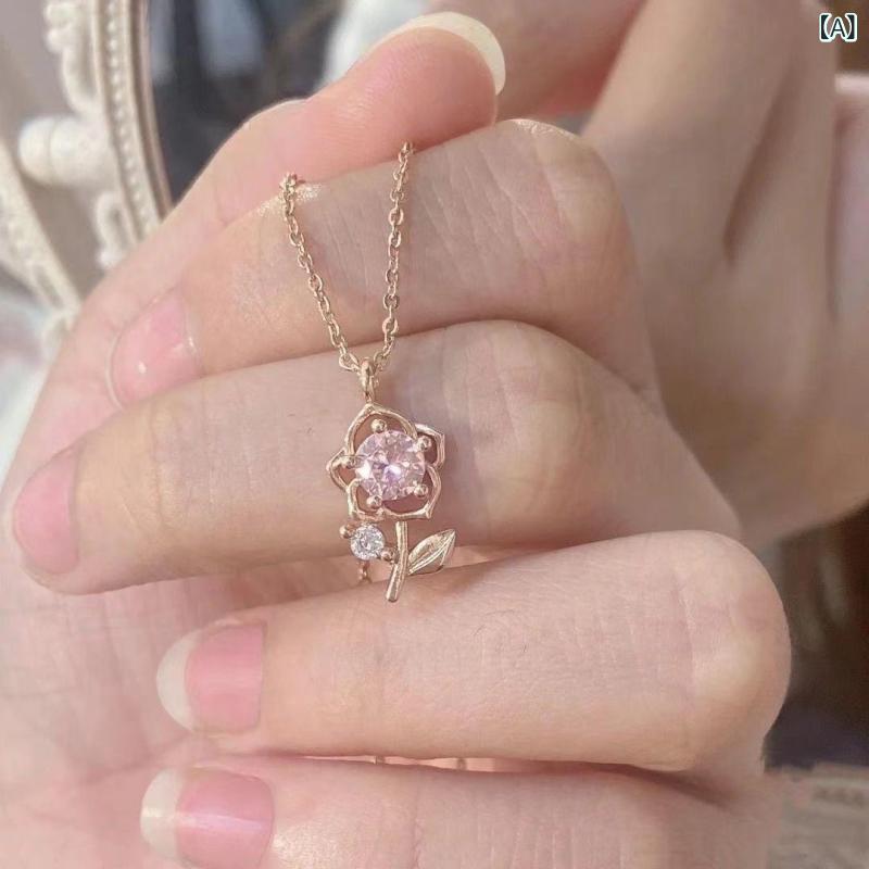 ネックレス レディース オープンハート フランスの 優しい バラの ネックレスの ピンクの 花の 鎖の 骨の 鎖の 甘くて 軽い な 大衆の 設計の 女