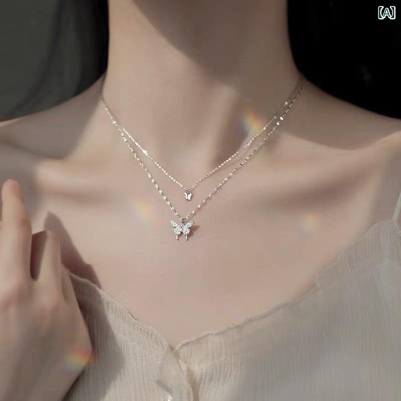 ネックレス レディース オープンハート 二 層 蝶 ネックレス レディース ライト 高級 鎖骨 チェーン ネ..