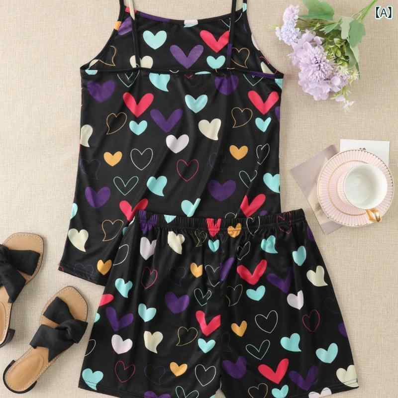 レディースショートパンツ ルームウェア 薄型 通気性 冷感 パジャマ レディース 夏の ツーピース プリント 快適 スリング パジャマ セット アウター ホームウェア