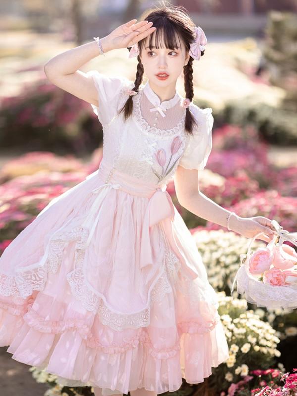 ワンピース 病みかわいい プリンセスドレス ロリータ服 リボン コスチューム コスプレ衣装 ロリータ　ドレス　コスプレ 花と 詩 ロリータドレス 半袖 ドレス 夏 甘くて かわいい プリンセス 日常 使い エレガント パフスリーブ