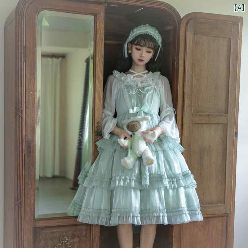 かわいい 姫様 変装 仮装 ロリータ服 ふんわり ワンピース ロリータ　ドレス　コスプレ スター ヤーン ラブ ソング ロリータスカートの jsk 三 段 ティアードスカート 豆 グリーン ロリータドレス ドレス