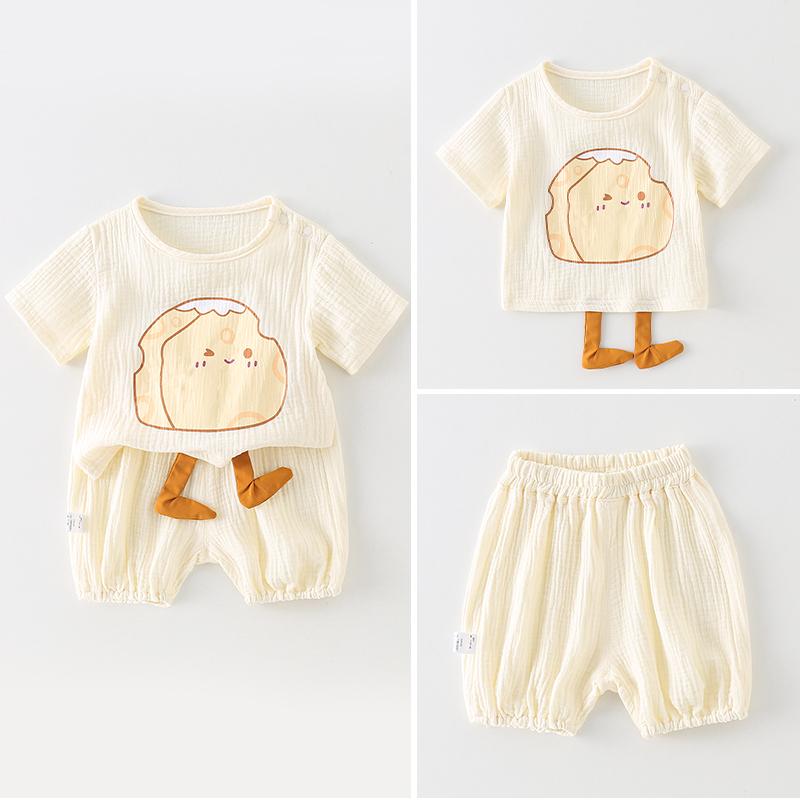動きやすい 柔らかい かわいい 新生児 キッズ 赤ちゃん ベビー服　半袖　セット ベビー 夏服 薄手 半袖 スプリット スーツ ガーゼ トップ 幼児 夏 男の子 綿