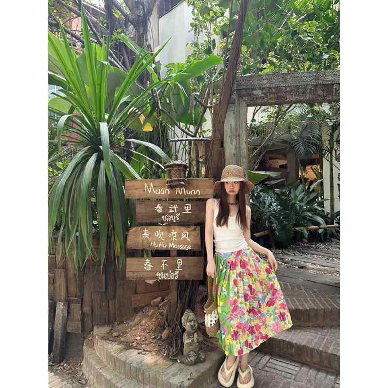 ボトムス 体型カバー 大人カジュアル かわいい きれいめ おしゃれ チェック柄　かわいいスカート レディース パンプキン / 韓国 春の 花 レトロ プリント ステッチ プリーツスカート ハイウエスト スカート