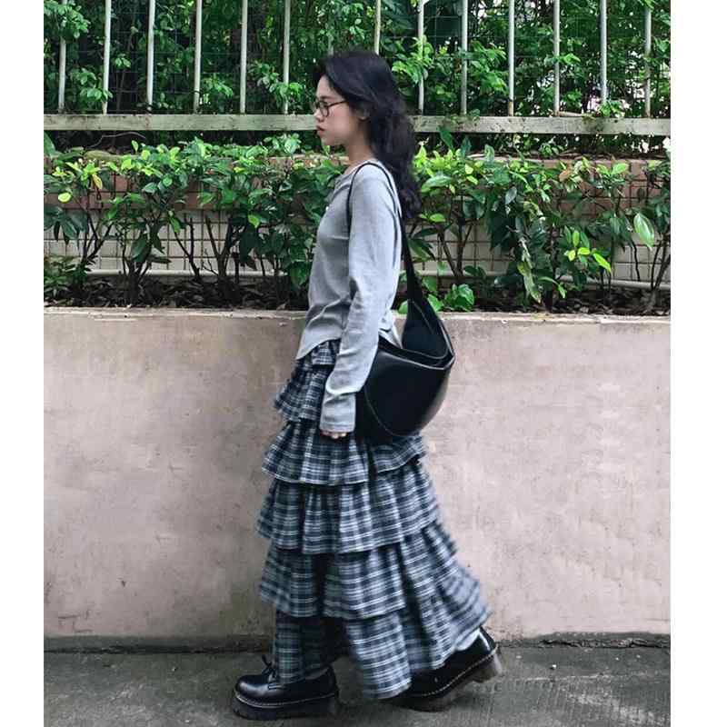 ボトムス 体型カバー 大人カジュアル かわいい きれいめ おしゃれ チェック柄　かわいいスカート レディース 大きいサイズ レトロ ブルーの チェック 柄 スカート 女性用 秋冬 ティアードスカート ハイウエスト スリム aライン ロングのサムネイル