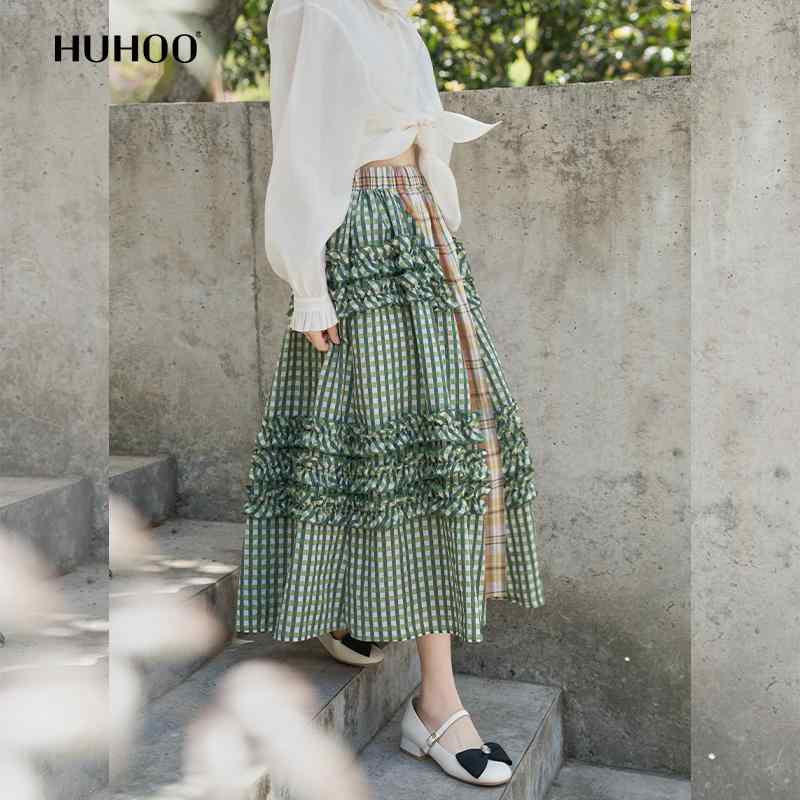 チェックスカート カジュアル マキシスカート 体型カバー 大人かわいい チェック柄　かわいいスカート レディース Huhoo 不規則な スプライシング チェック 柄 菌類 レース aライン スカート チュチュ