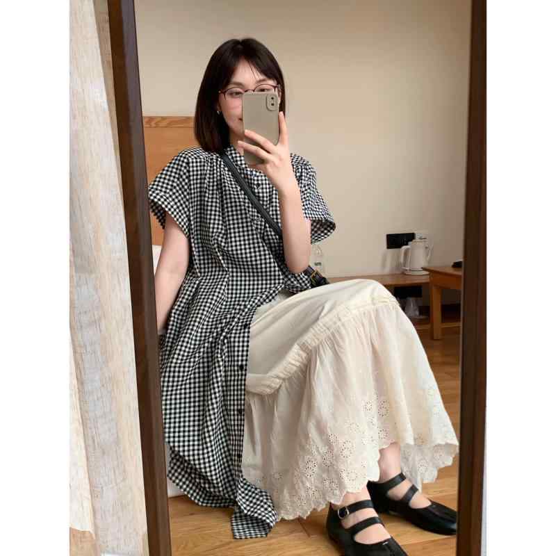 スカート　水玉　レディース ブロッコリーの 花の 和風の 黒と 白の チェック シャツ ドレス レディー..