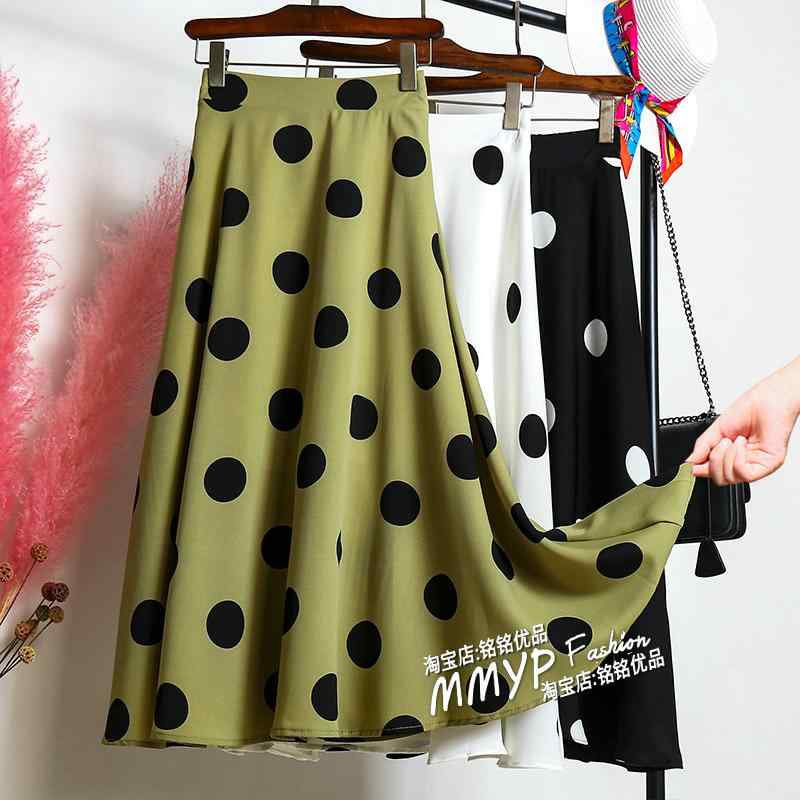スカート　水玉　レディース ドレープ グリーン シフォン 大きい ドットの スカート ハーフ 丈 女性用 夏 2025 aライン ロング